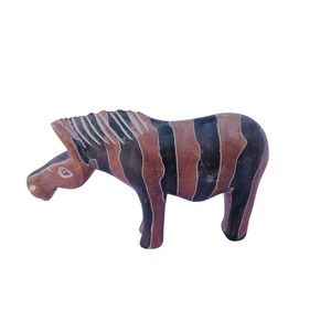 Hand Carved Soapstone Red & Black Zebra Figurine 4" tall x 7" long